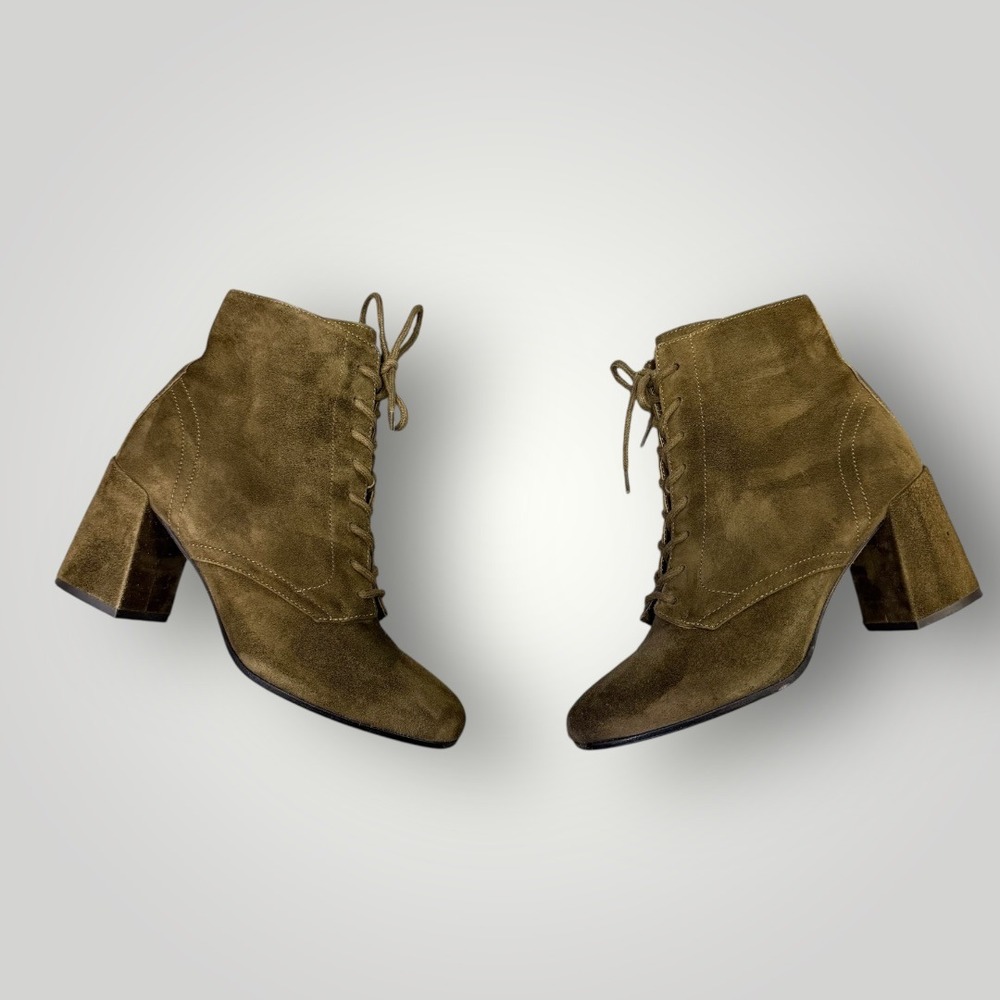 Vince Olive Green Suede Lace Up Block Heel Ankle‎ Boots Made in Italy Size 8M